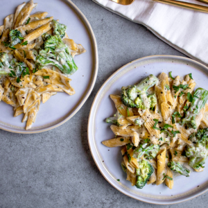 creamy vegan alfredo pasta with broccoli