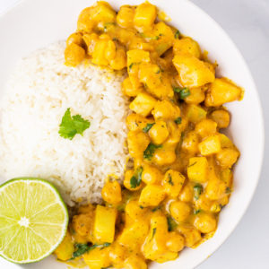 Easy Chickpea Curry with coconut yogurt, lime, and cilantro