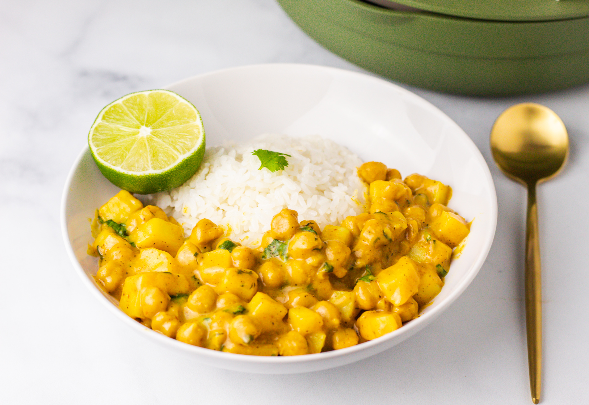 Easy Chickpea Curry with coconut yogurt, lime, and cilantro