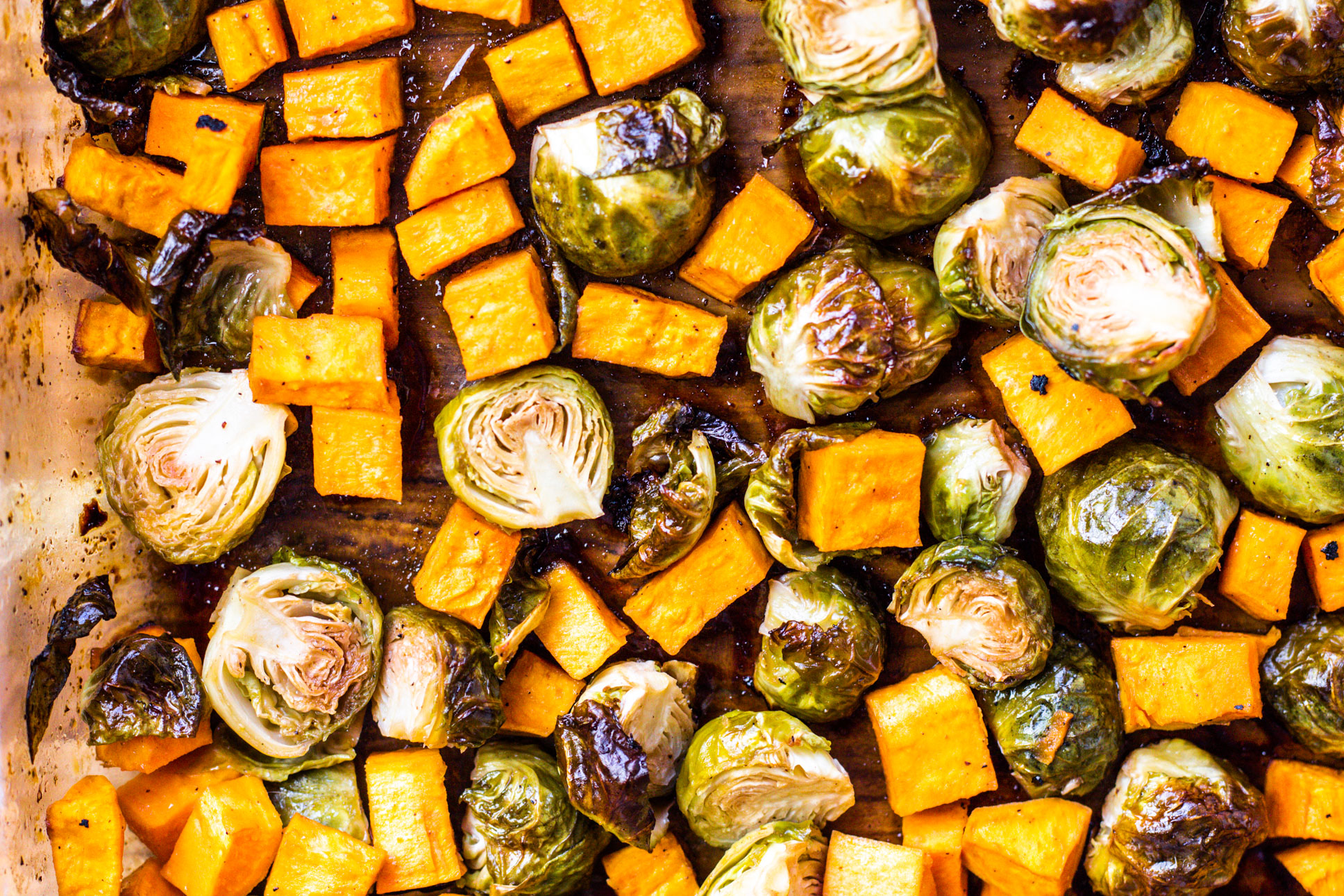 Maple Balsamic Harvest Bowl with roasted brussel sprouts and sweet potatoes