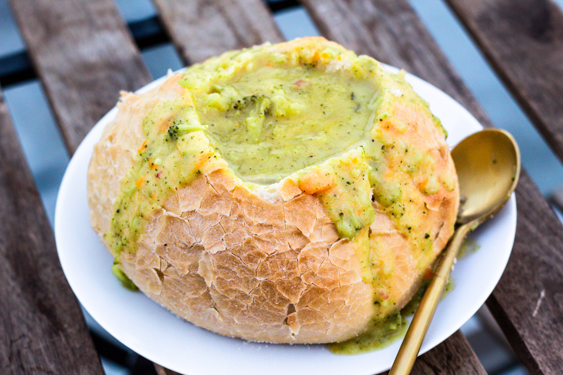 Vegan Broccoli Cheddar Soup in a bread bowl