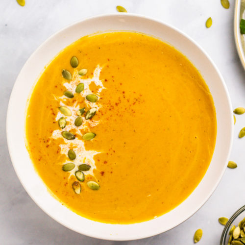 Easiest Pumpkin Soup vegan and coconut milk with pumpkin seeds