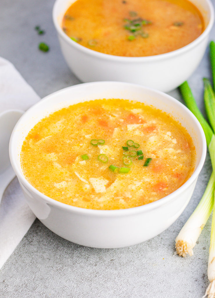 Vegan egg drop soup with silken tofu and green onion and vegan chicken broth