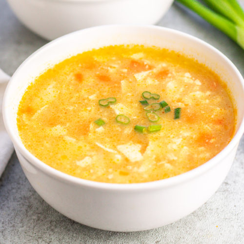 Vegan Egg Drop Soup with silken tofu, green onion, and vegan chicken broth