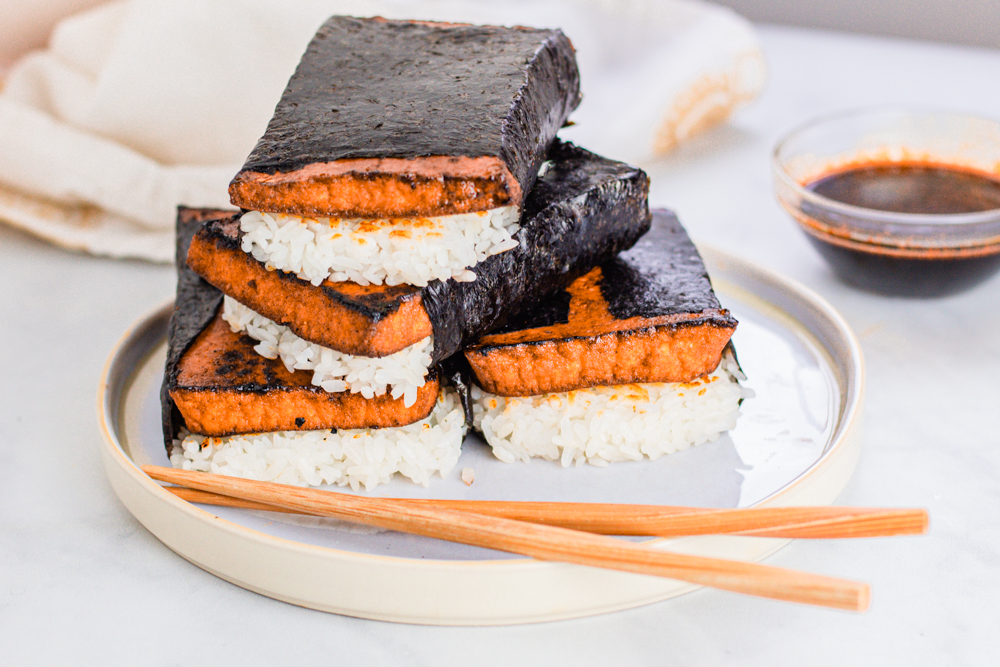 Vegan Spam Musubi with fried tofu