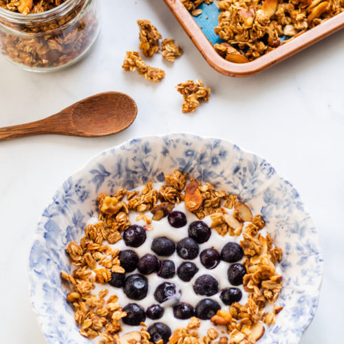 Oil Free Granola with plant-based yogurt and blueberries