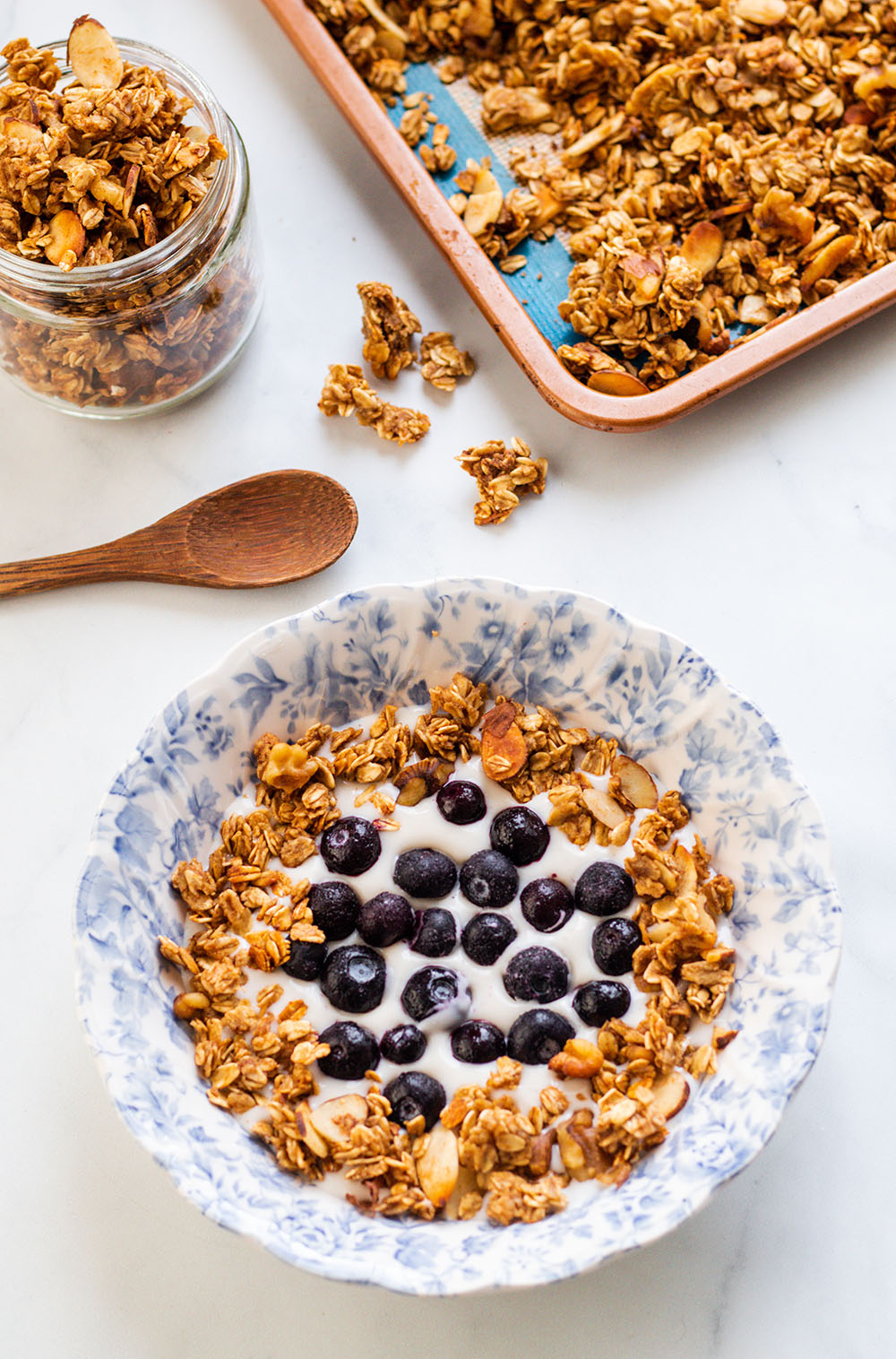 Oil Free Granola with plant-based yogurt and blueberries